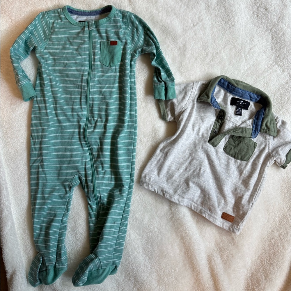 7 For All Man Kind 2 PC Baby Boy Bundle | 6–9 + 12M Designer Onesie & Tee
